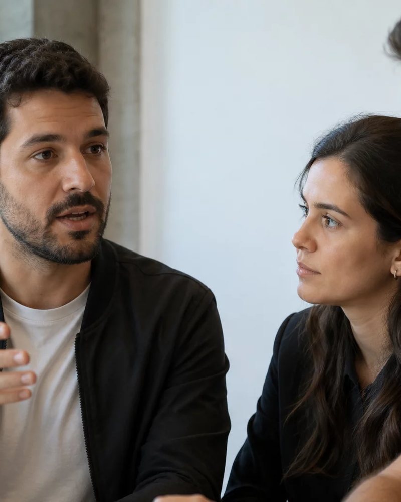 Microfone deitado sobre a mesa, com a roda de participantes fora de foco ao fundo